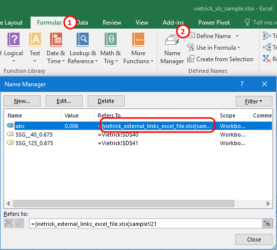 Break excel external link in Name Manager