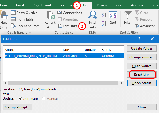 Break excel external link in Cell