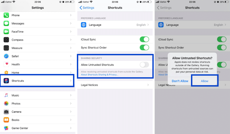 Các bước cho phép cài Untrusted Shortcuts trên iOS